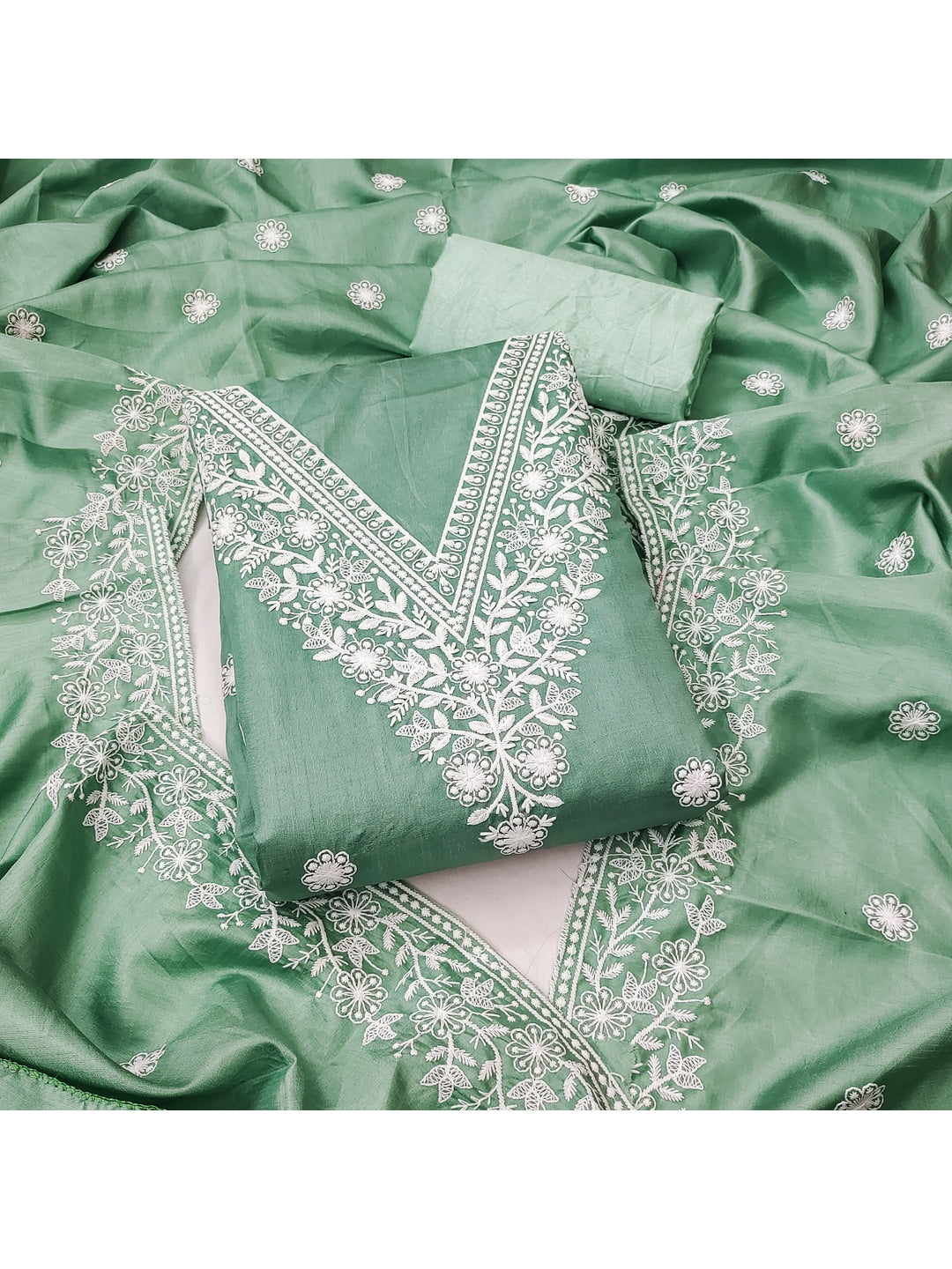 Peachmode Sea Green Jalpari Cotton Dress Material with Embroidered Dupatta - Image 1