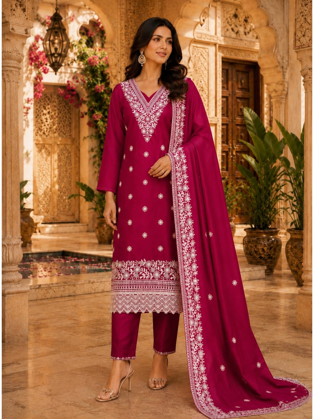 Peachmode Rani Pink Jalpari Cotton Dress Material with Embroidered Dupatta - Image 2