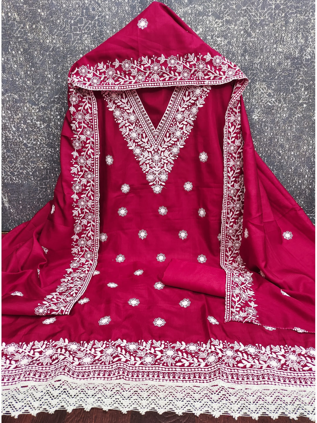 Peachmode Rani Pink Jalpari Cotton Dress Material with Embroidered Dupatta - Image 3