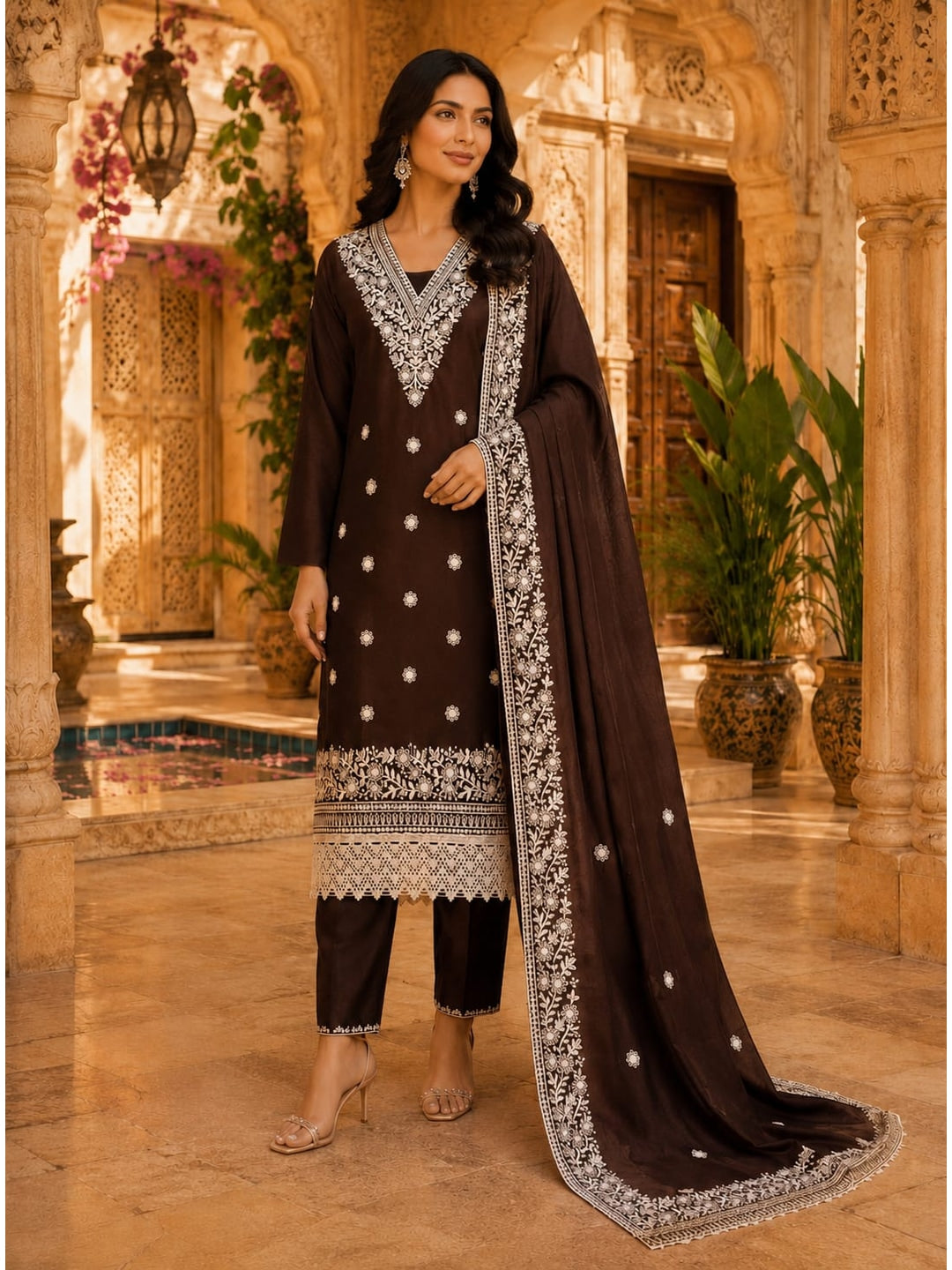Peachmode Coffee Brown Jalpari Cotton Dress Material with Embroidered Dupatta - Image 2