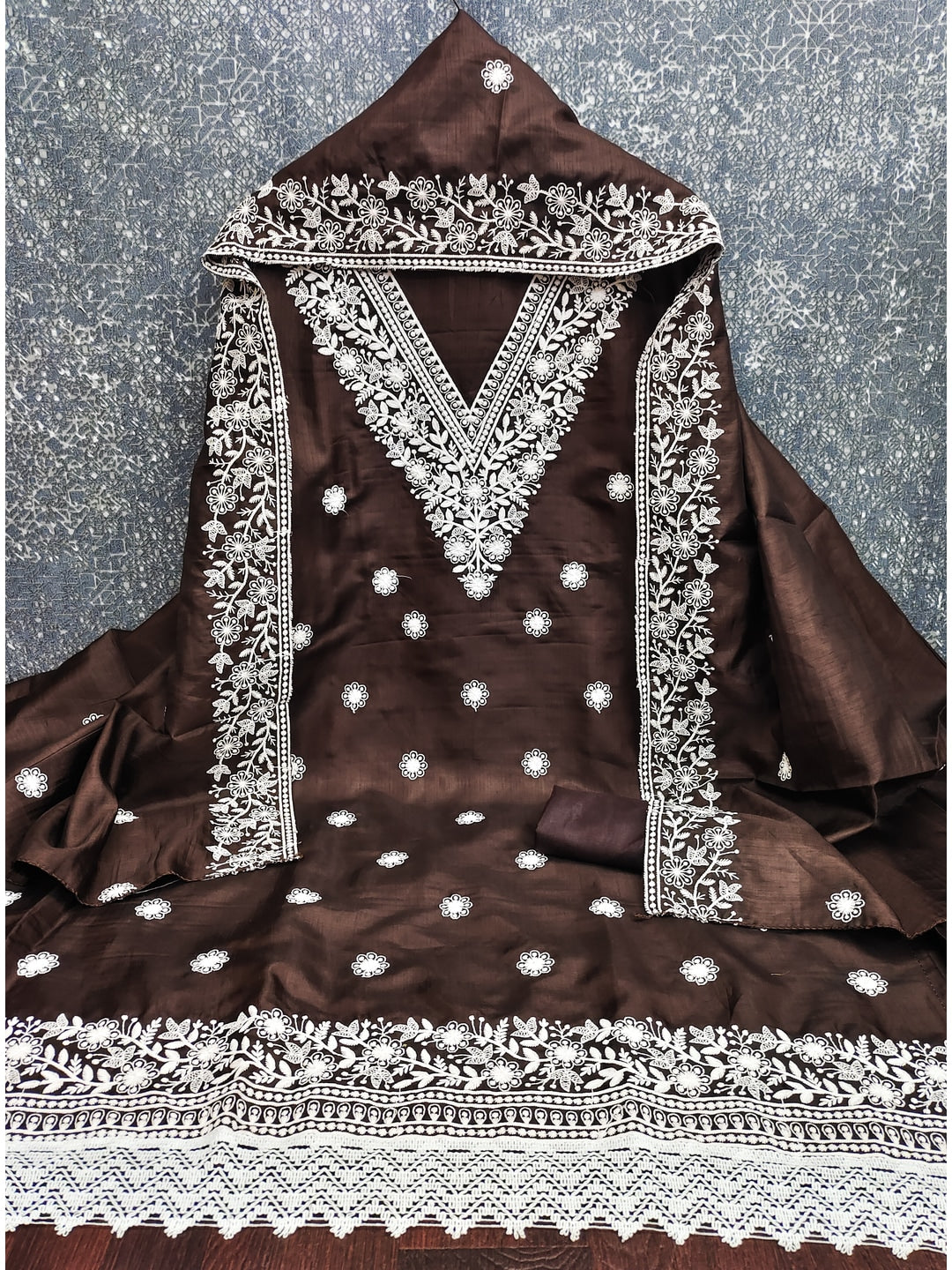 Peachmode Coffee Brown Jalpari Cotton Dress Material with Embroidered Dupatta - Image 3