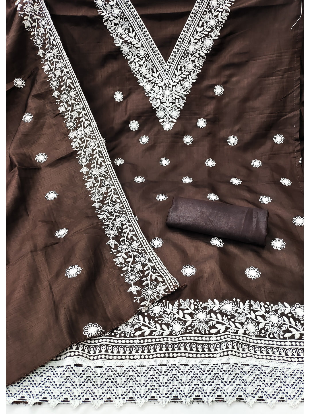 Peachmode Coffee Brown Jalpari Cotton Dress Material with Embroidered Dupatta - Image 4