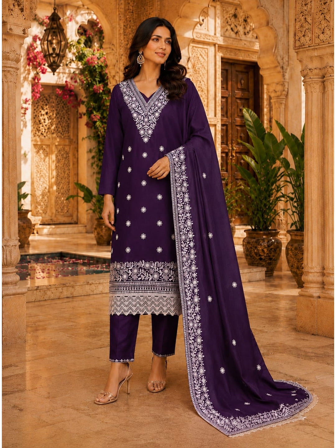Peachmode Wine Jalpari Cotton Dress Material with Embroidered Dupatta - Image 2
