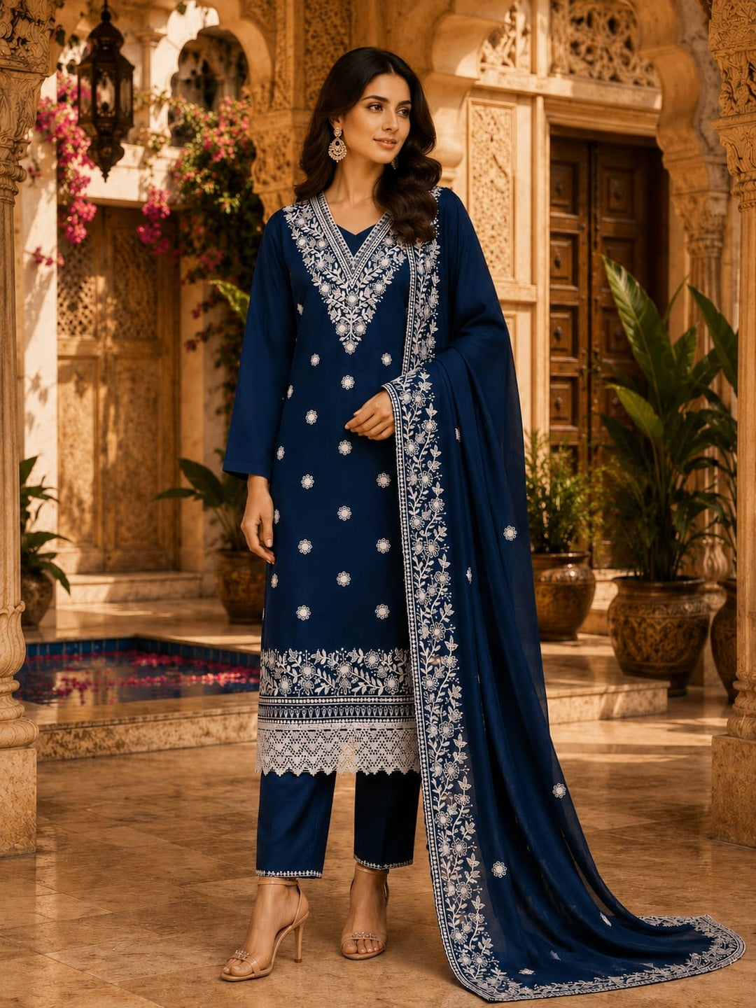 Peachmode Blue Jalpari Cotton Dress Material with Embroidered Dupatta - Image 2