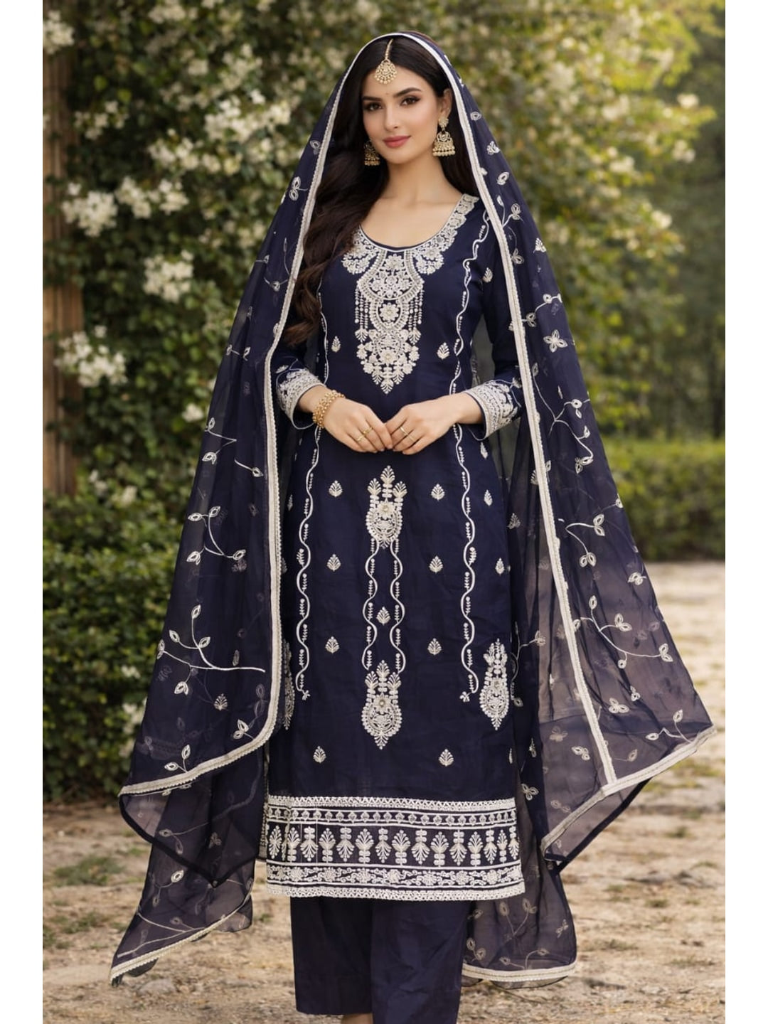 Peachmode Navy Blue Chanderi Silk Dress Material with Embroidered Dupatta - Image 2