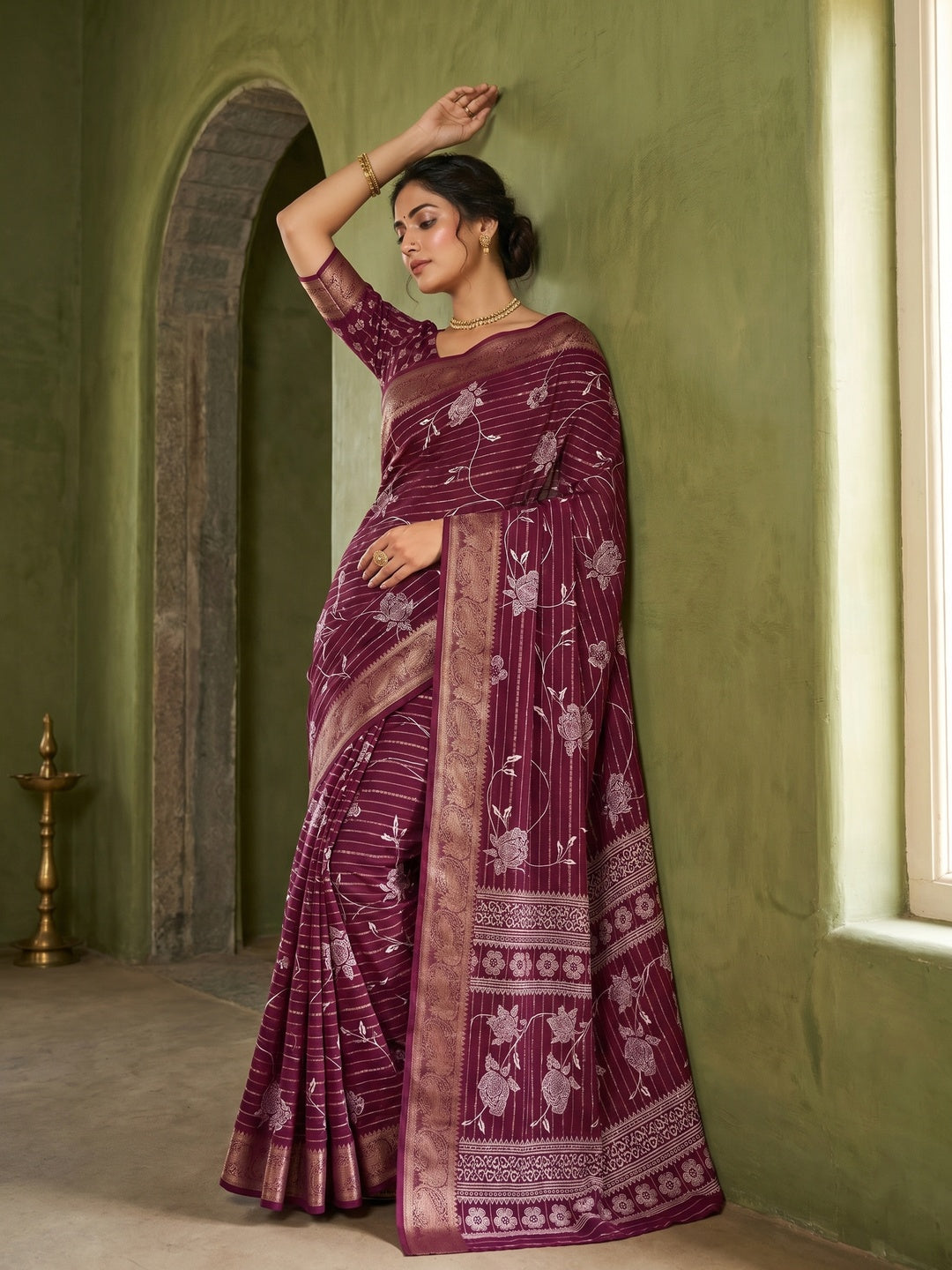 Elegant Wine Crepe Saree with Zari Woven Jacquard Border - Image 1