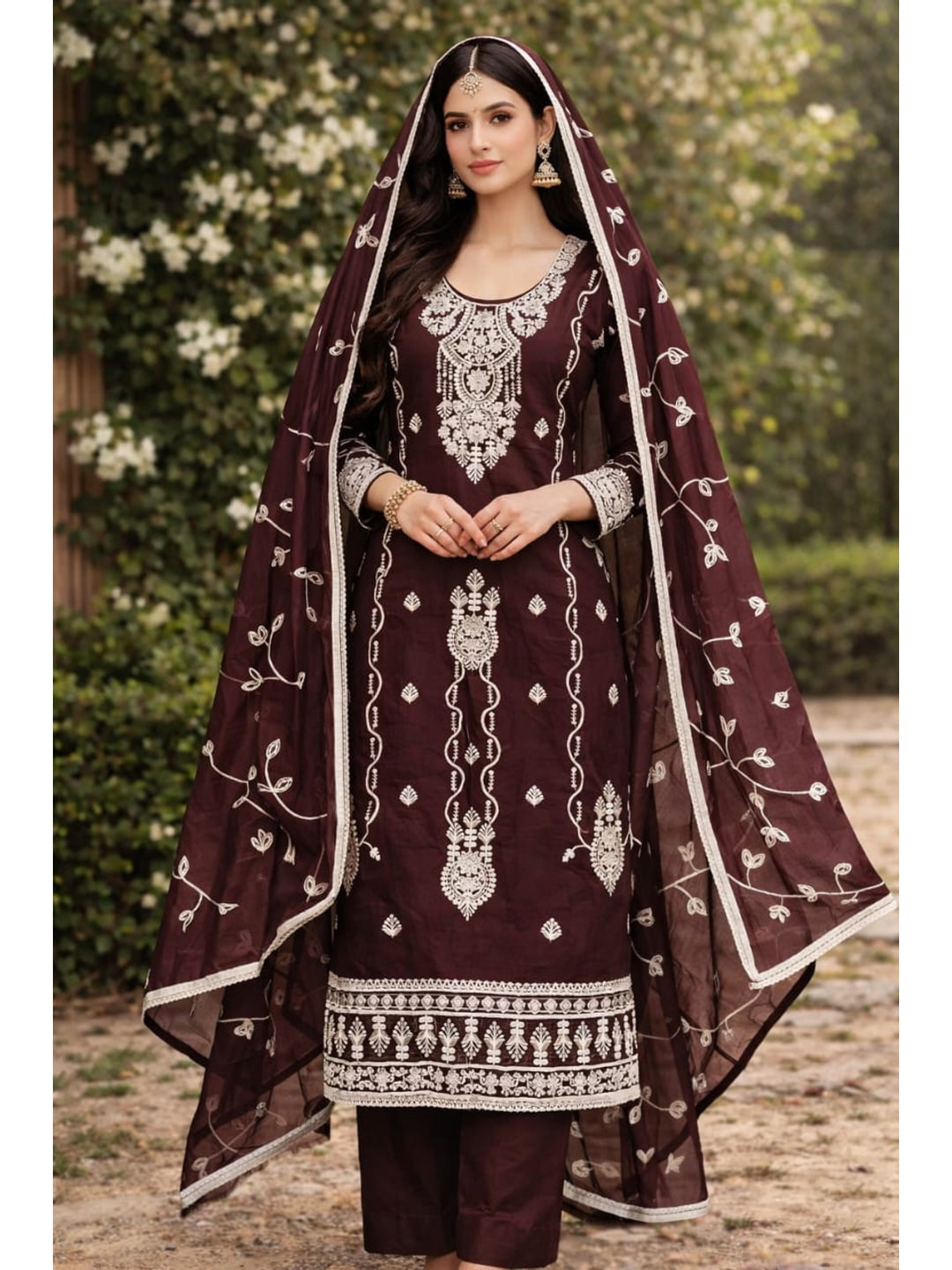 Peachmode Maroon Chanderi Silk Dress Material with Embroidered Dupatta - Image 2