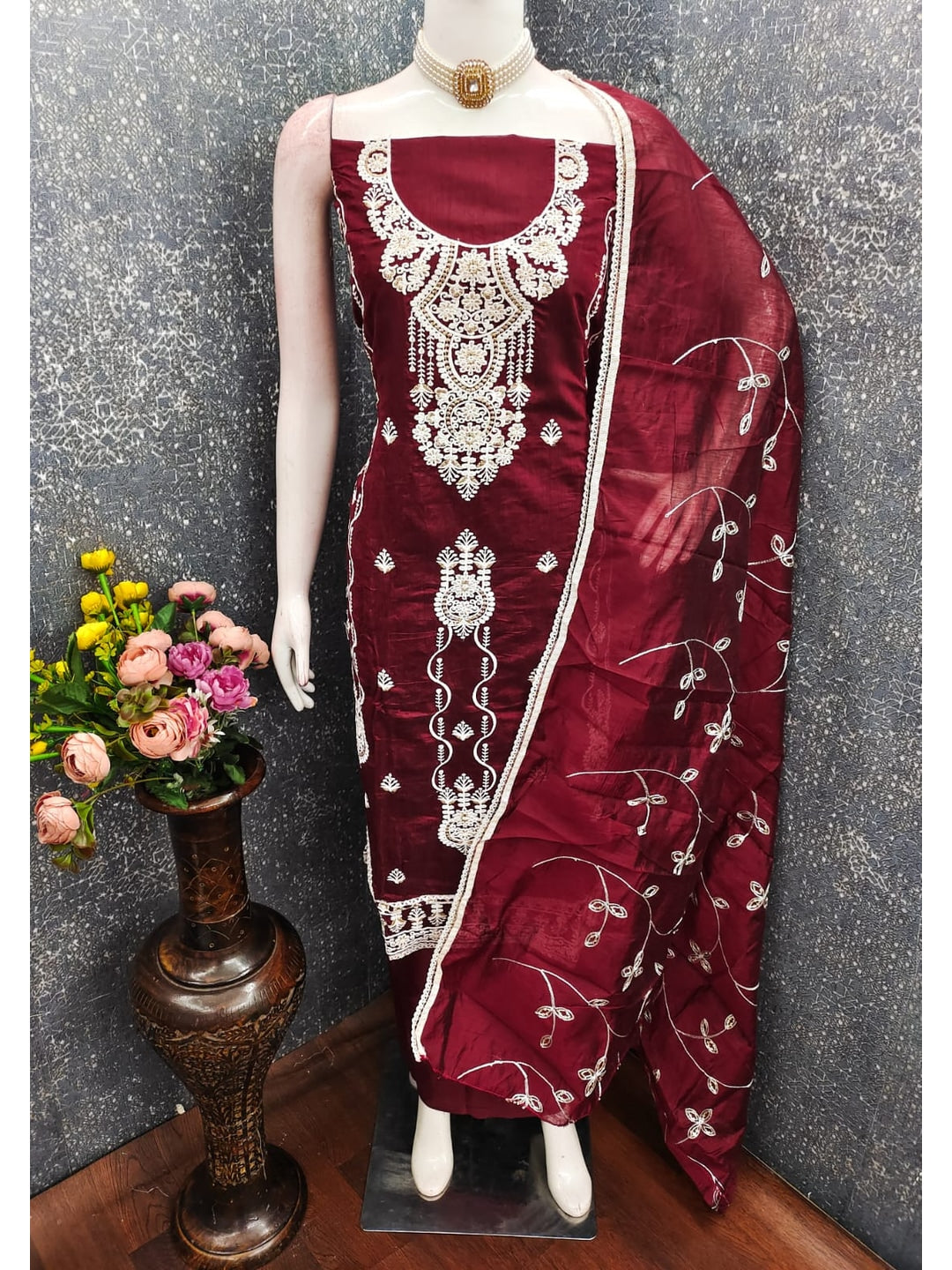 Peachmode Maroon Chanderi Silk Dress Material with Embroidered Dupatta - Image 3