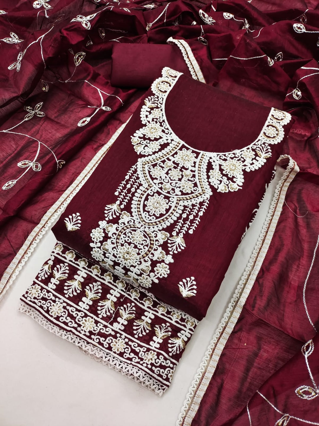 Peachmode Maroon Chanderi Silk Dress Material with Embroidered Dupatta - Image 1