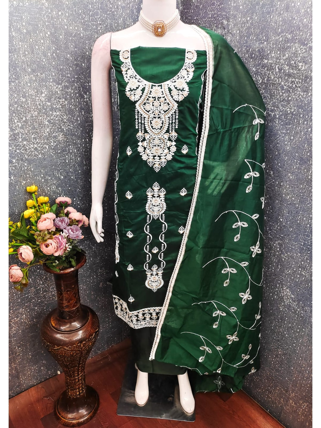 Peachmode Green Chanderi Silk Dress Material with Embroidered Dupatta - Image 2