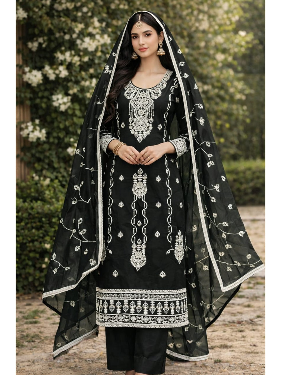 Peachmode Black Chanderi Silk Dress Material with Embroidered Dupatta - Image 2