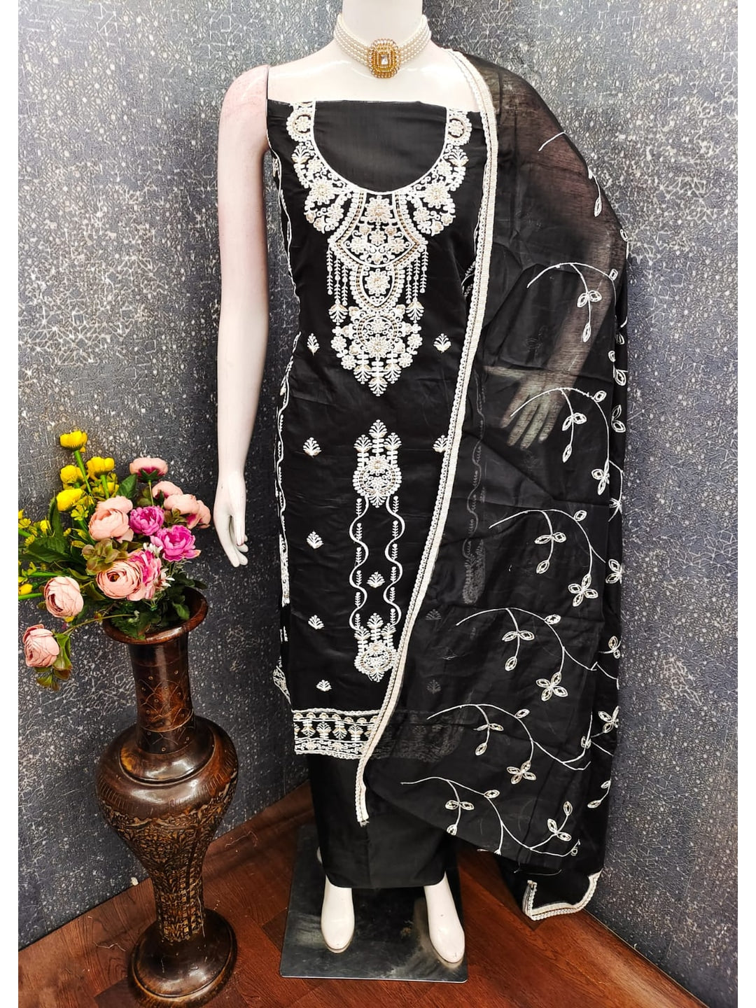 Peachmode Black Chanderi Silk Dress Material with Embroidered Dupatta - Image 3