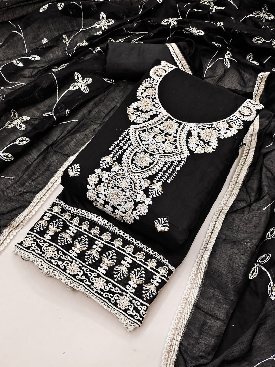 Peachmode Black Chanderi Silk Dress Material with Embroidered Dupatta - Image 1