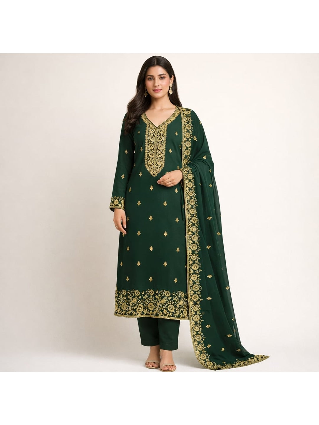 Peachmode Green Georgette Dress Material with Embroidered Dupatta - Image 2