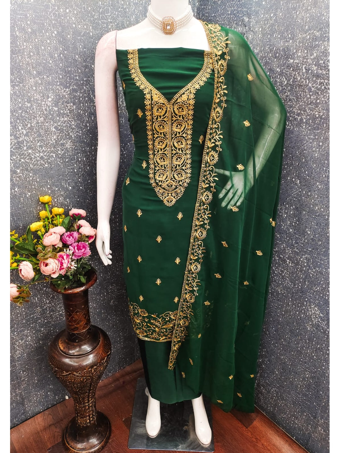 Peachmode Green Georgette Dress Material with Embroidered Dupatta - Image 3