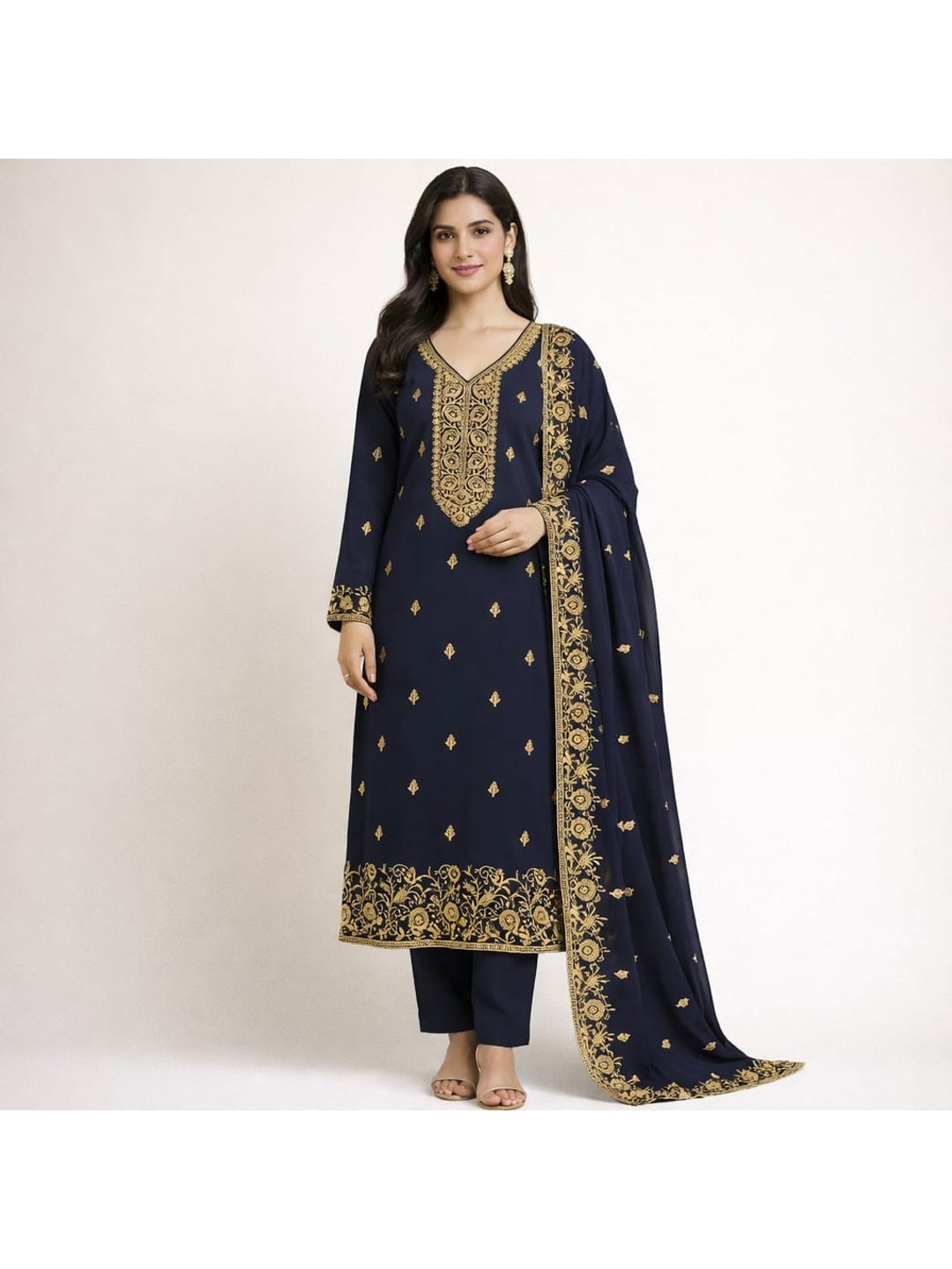 Peachmode Navy Blue Georgette Dress Material with Embroidered Dupatta - Image 2