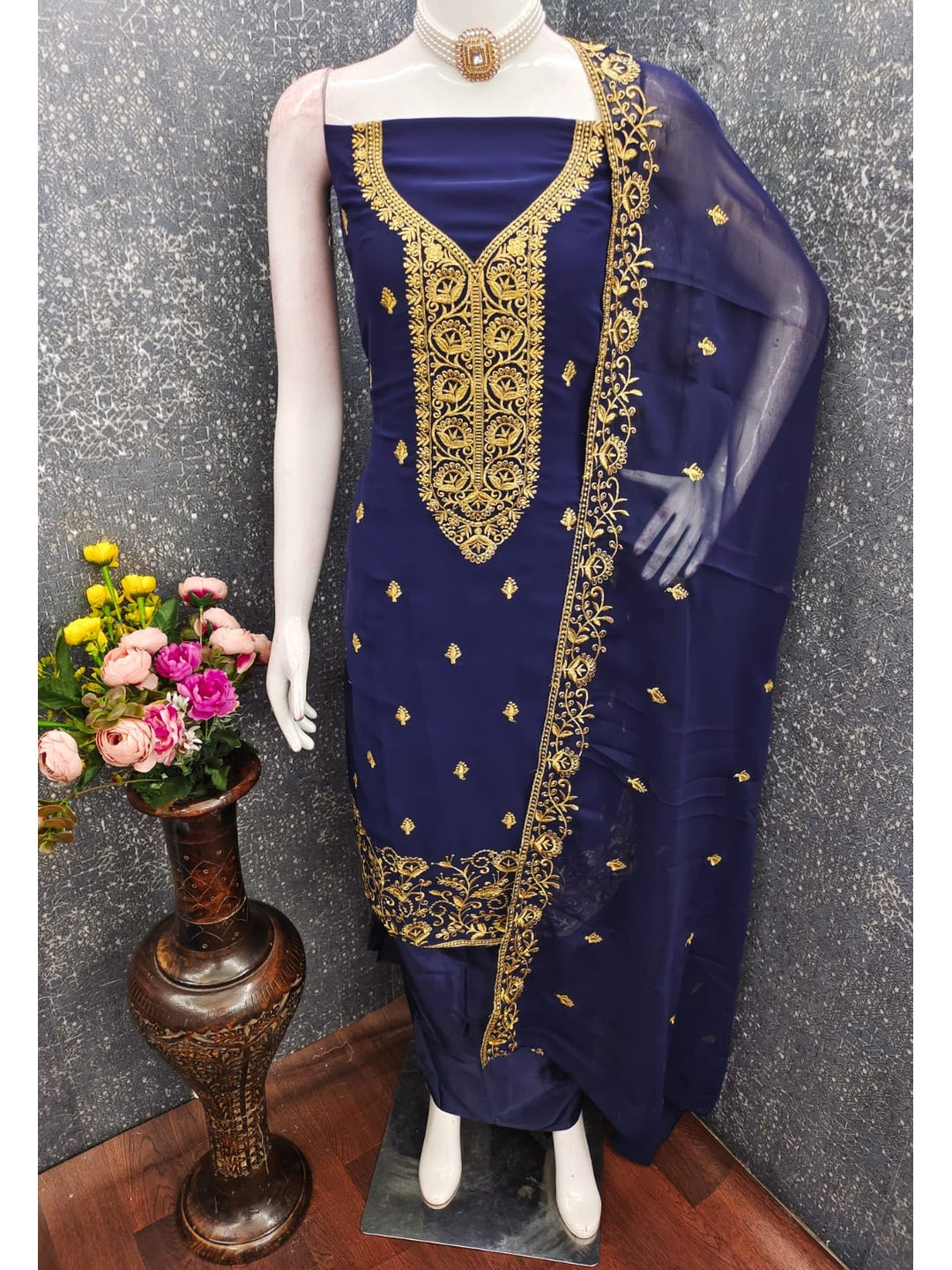 Peachmode Navy Blue Georgette Dress Material with Embroidered Dupatta - Image 3