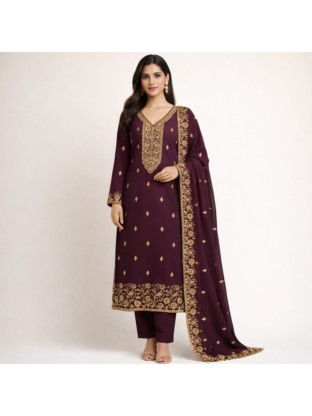 Peachmode Wine Georgette Dress Material with Embroidered Dupatta - Image 1