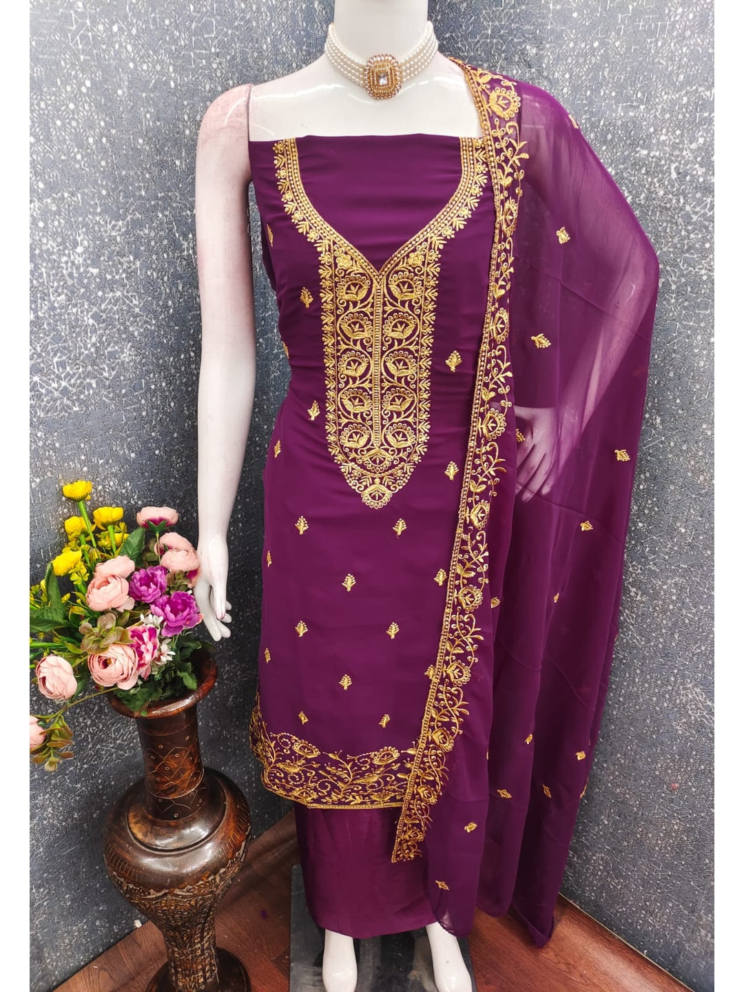 Peachmode Wine Georgette Dress Material with Embroidered Dupatta - Image 2