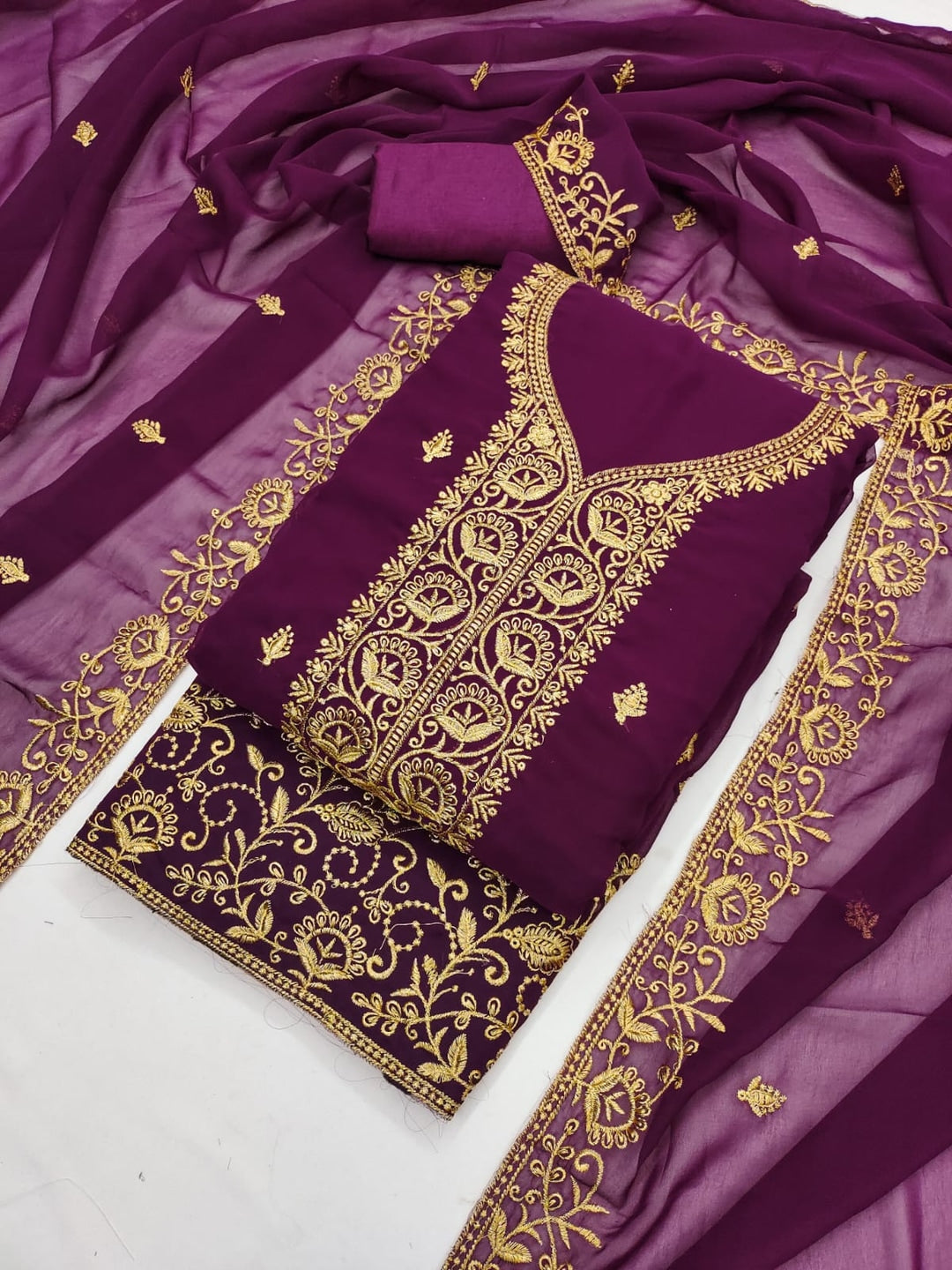 Peachmode Wine Georgette Dress Material with Embroidered Dupatta - Image 3