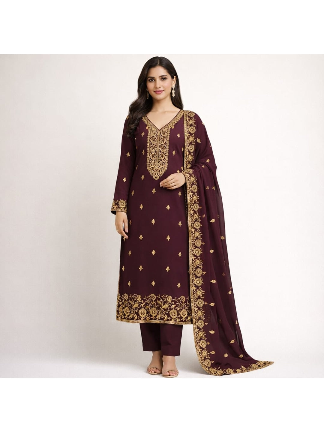 Peachmode Maroon Georgette Dress Material with Embroidered Dupatta - Image 1