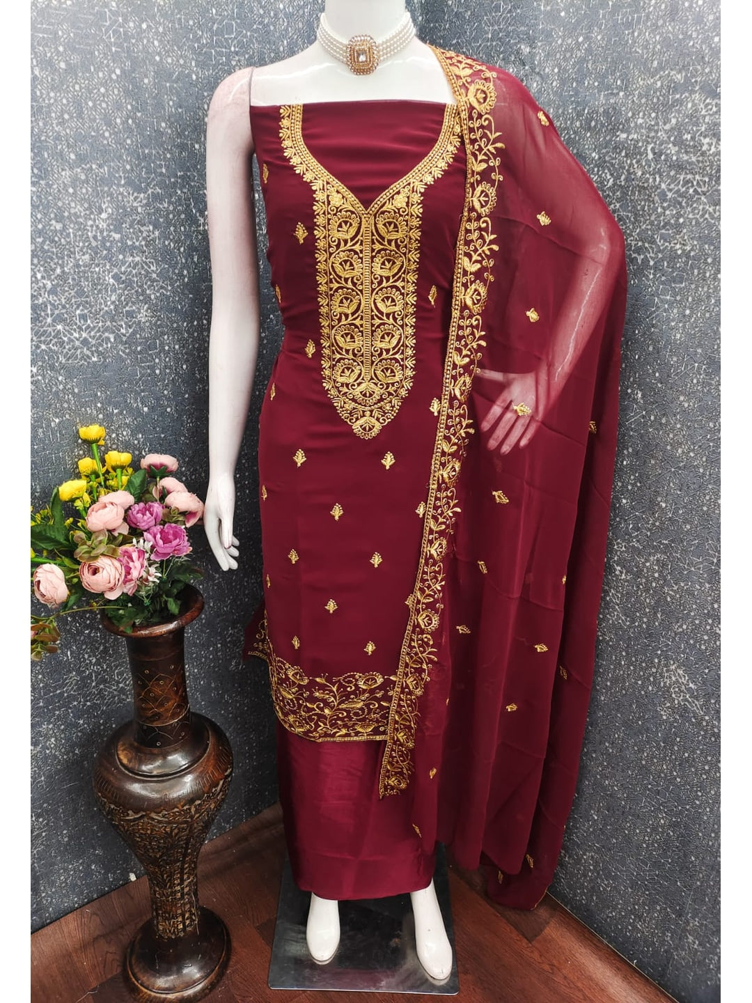 Peachmode Maroon Georgette Dress Material with Embroidered Dupatta - Image 3