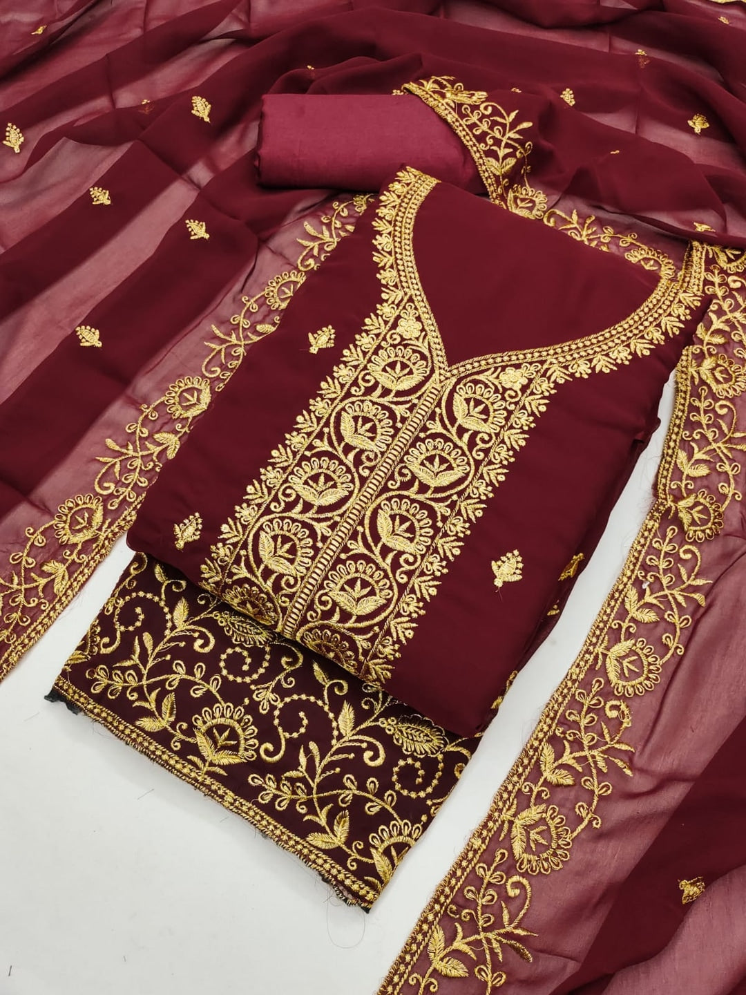 Peachmode Maroon Georgette Dress Material with Embroidered Dupatta - Image 4