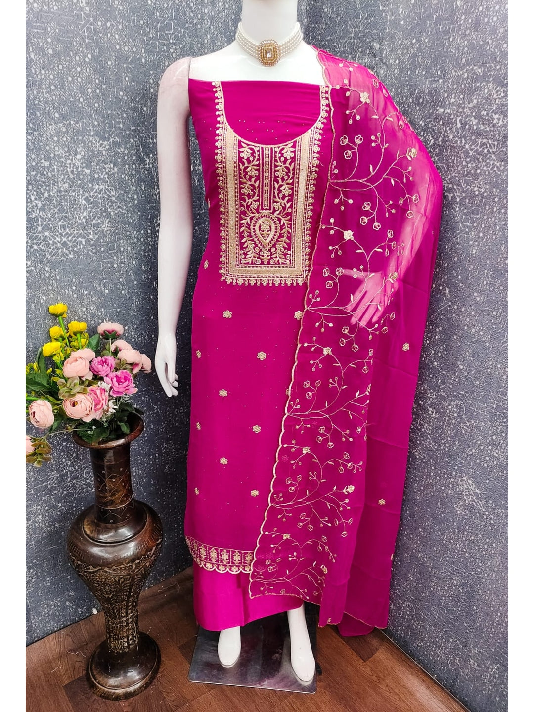 Peachmode Rani Pink Georgette Dress Material with Embroidered Dupatta - Image 3