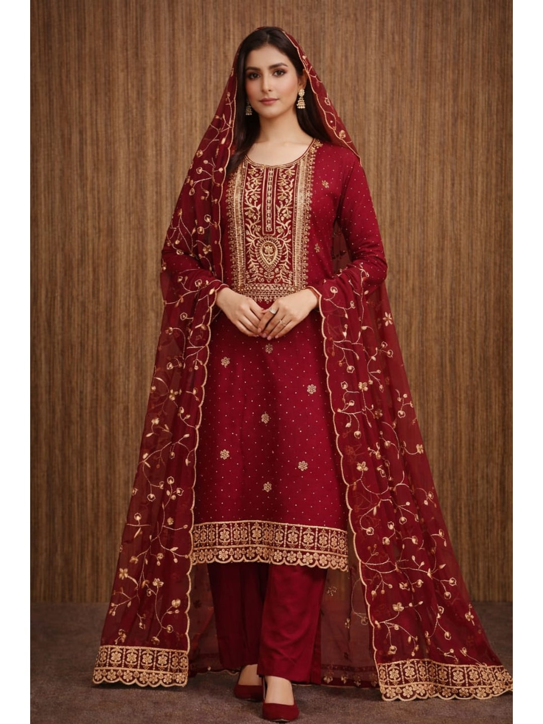 Peachmode Maroon Georgette Dress Material with Embroidered Dupatta - Image 2