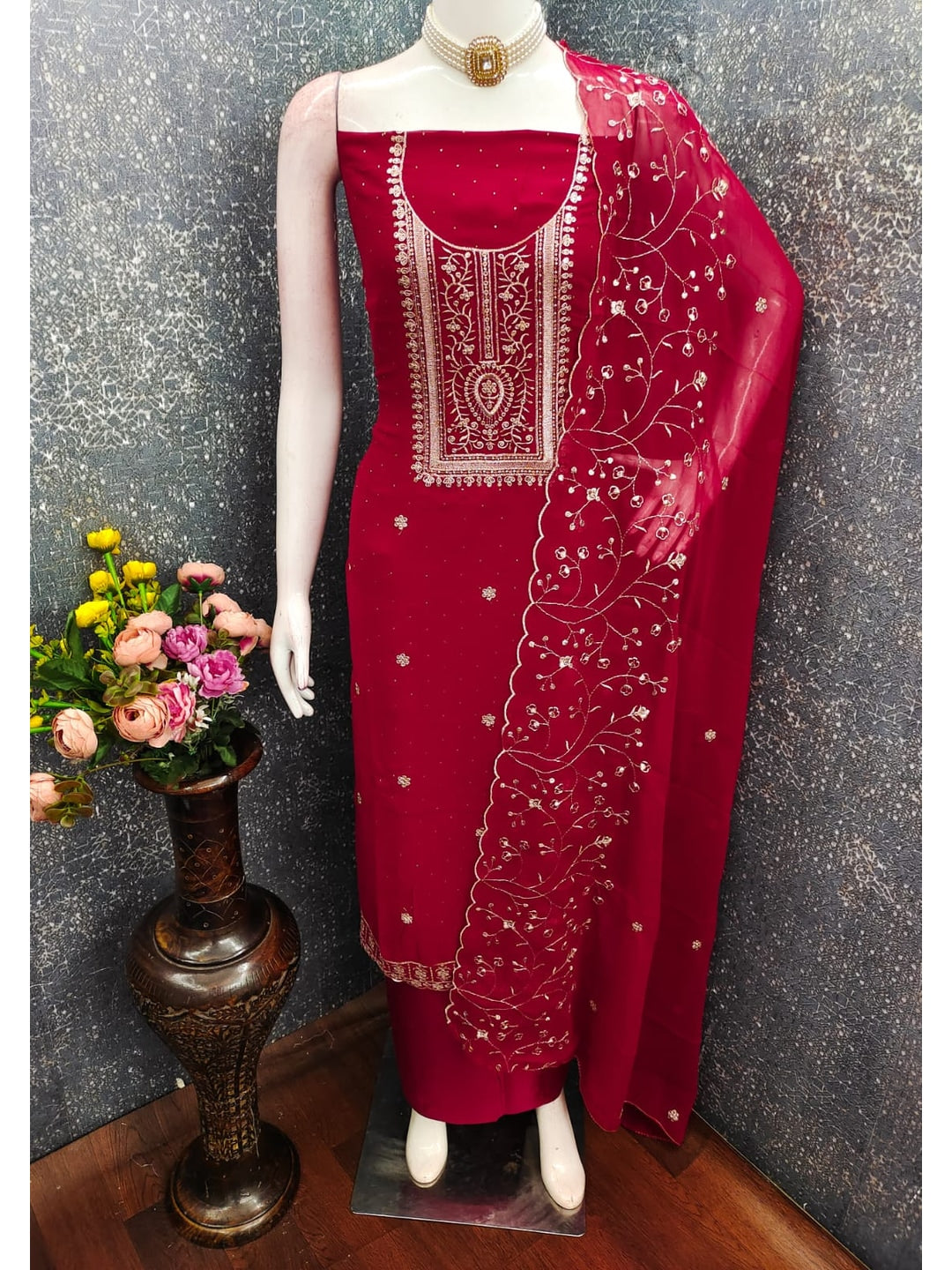 Peachmode Maroon Georgette Dress Material with Embroidered Dupatta - Image 3