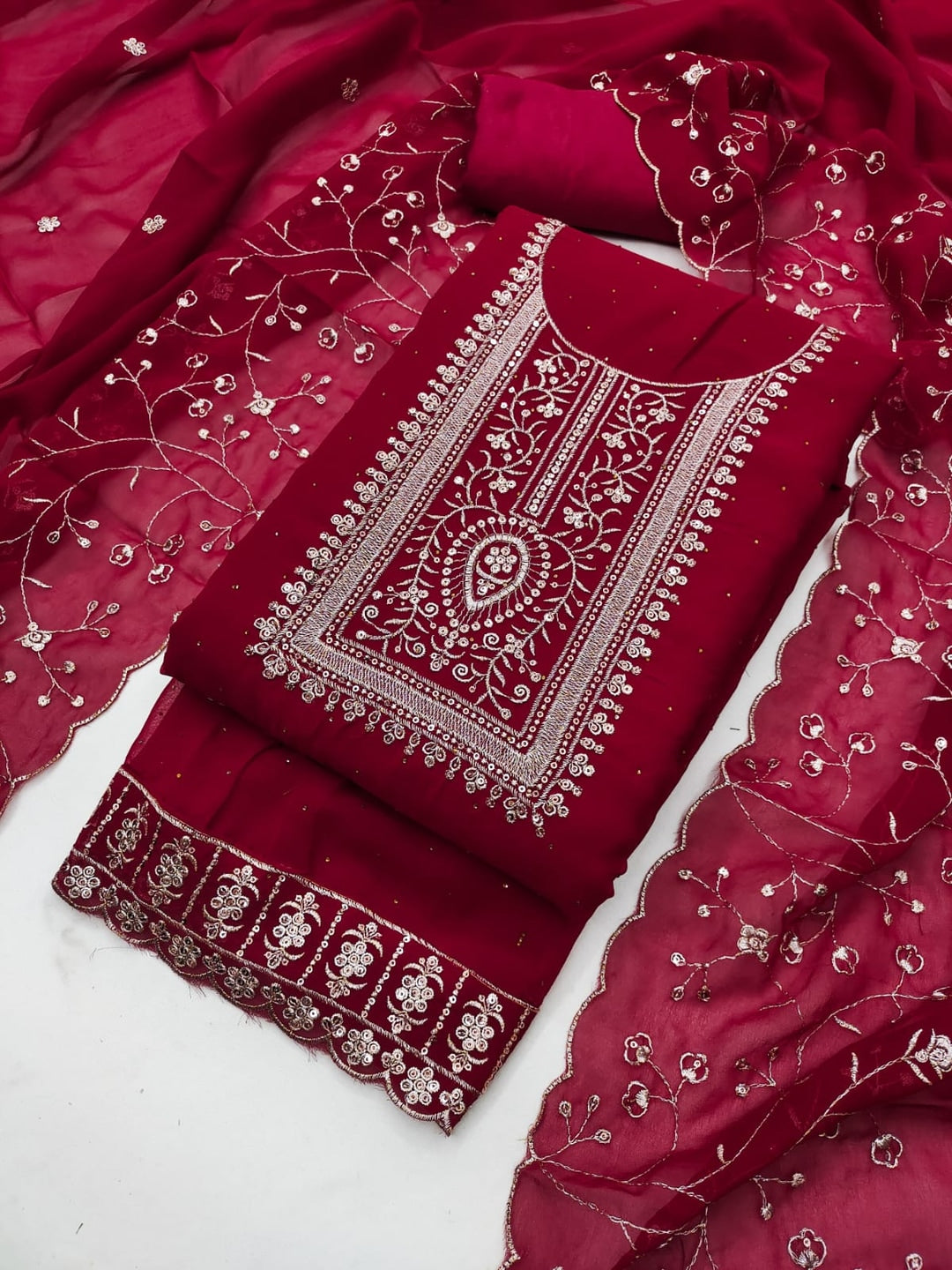 Peachmode Maroon Georgette Dress Material with Embroidered Dupatta - Image 4