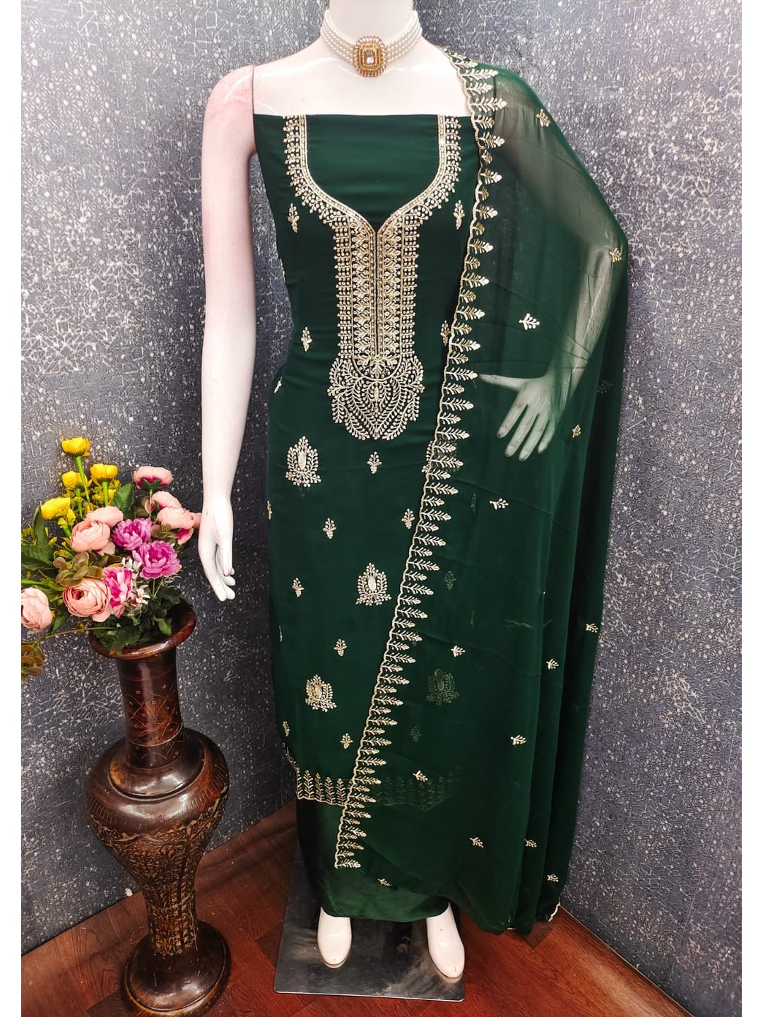 Peachmode Green Georgette Dress Material with Embroidered Dupatta - Image 3