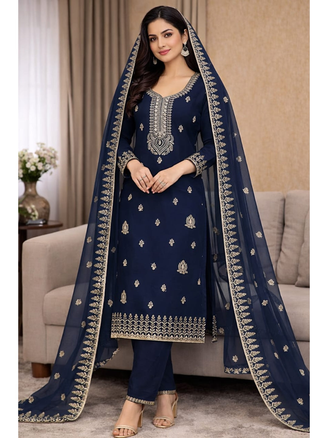 Peachmode Navy Blue Georgette Dress Material with Embroidered Dupatta - Image 2