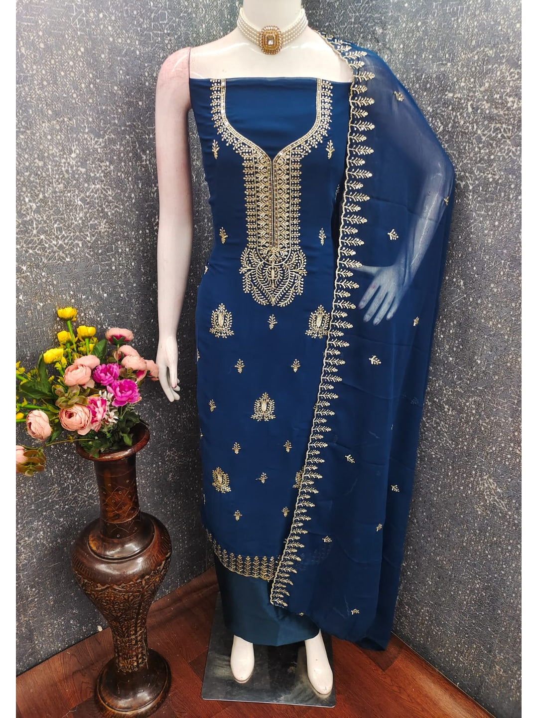 Peachmode Navy Blue Georgette Dress Material with Embroidered Dupatta - Image 3