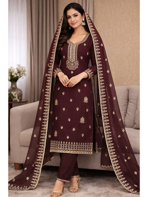 Peachmode Maroon Georgette Dress Material with Embroidered Dupatta - Image 2