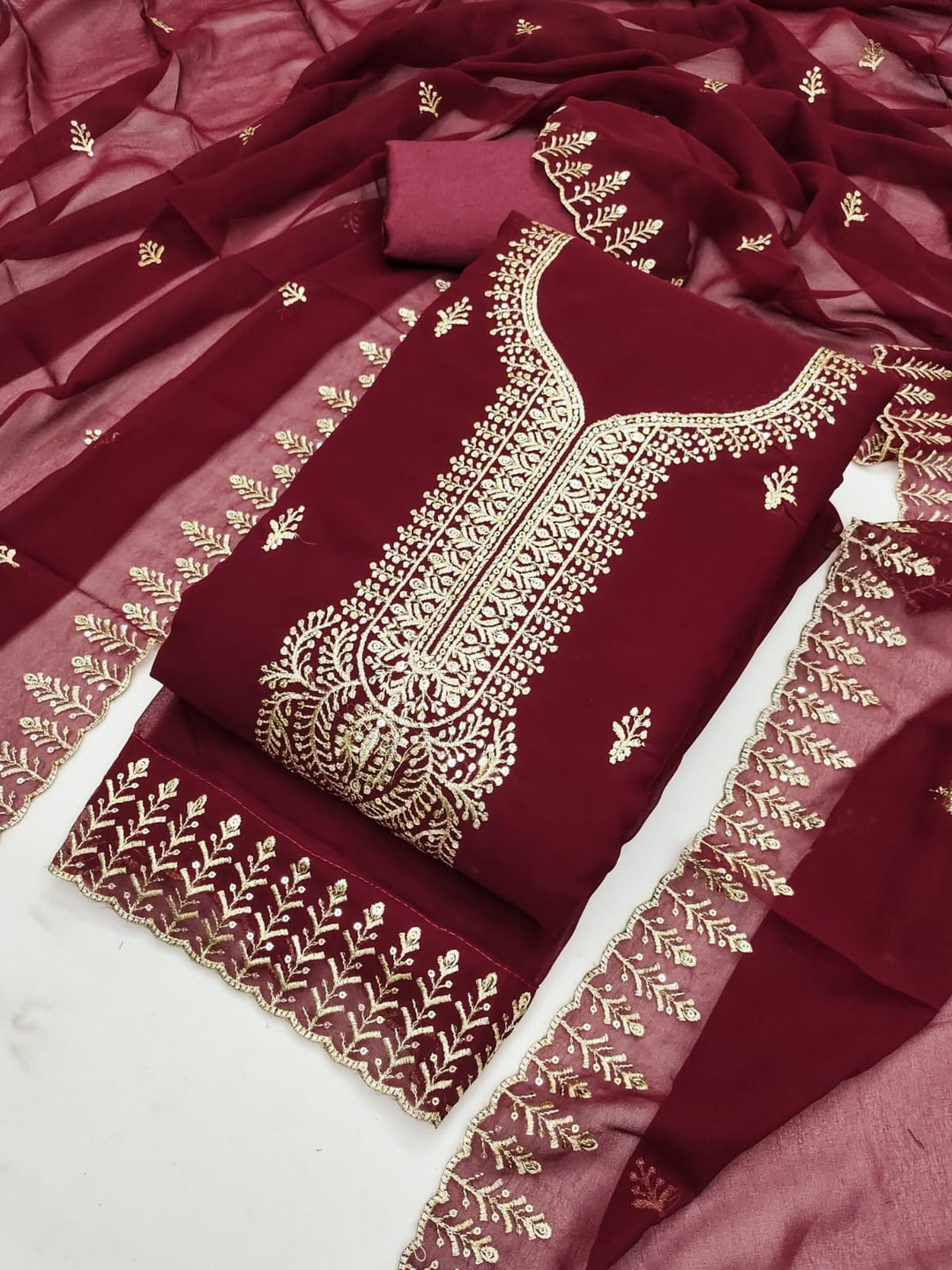 Peachmode Maroon Georgette Dress Material with Embroidered Dupatta - Image 5