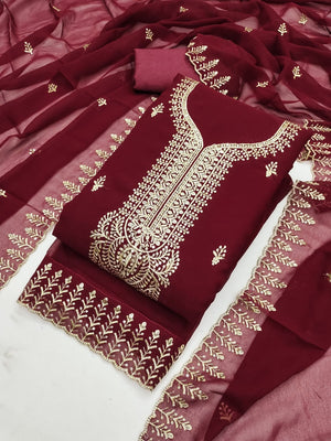 Peachmode Maroon Georgette Dress Material with Embroidered Dupatta - Image 1