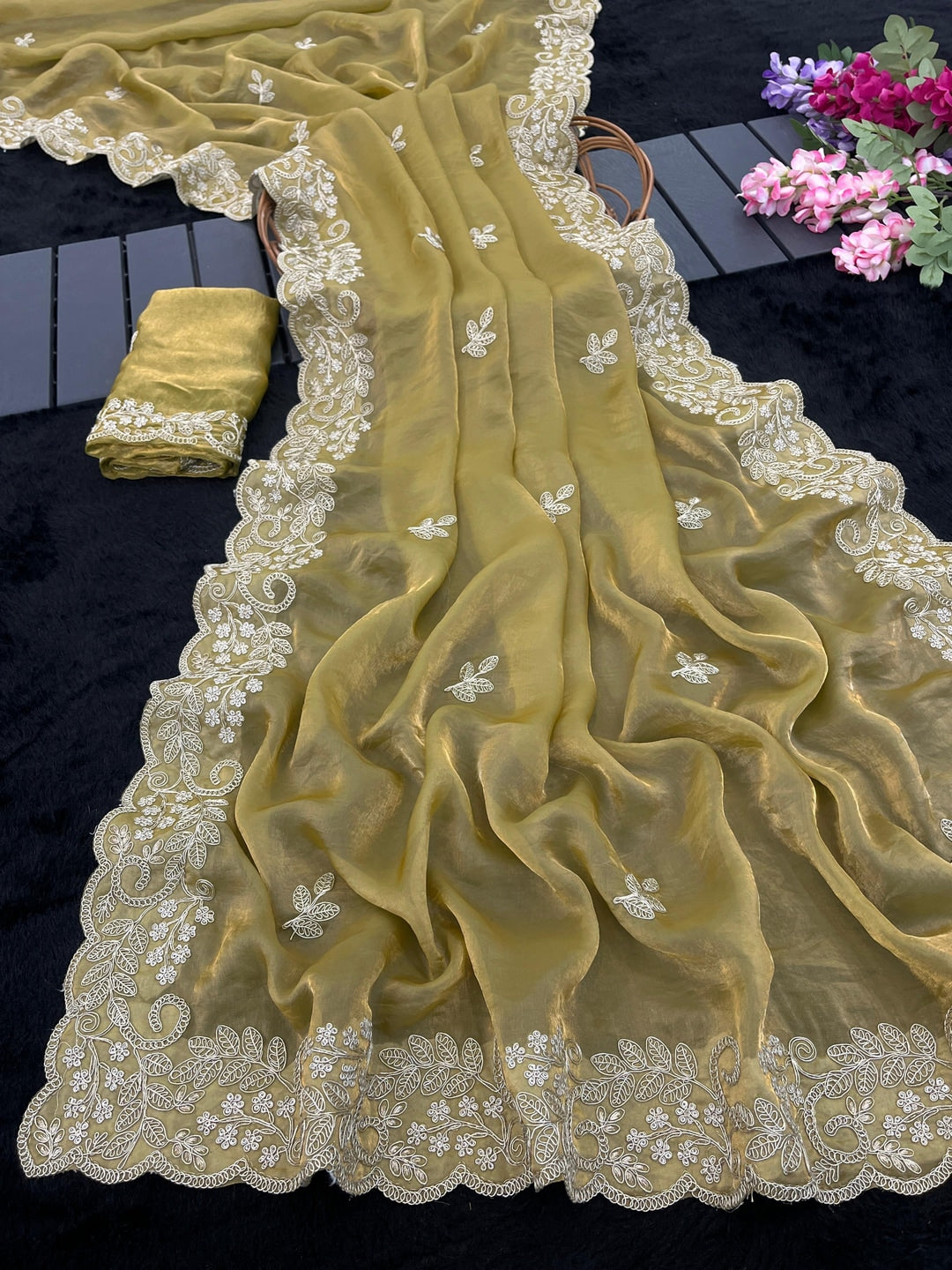 Peachmode Yellow Fandy Satin Saree with Dori Embroidered Cutwork Border - Image 2