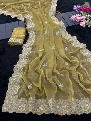 Peachmode Yellow Fandy Satin Saree with Dori Embroidered Cutwork Border - Image 2