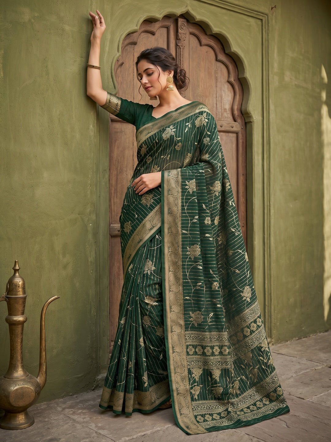 Elegant Green Crepe Saree with Zari Work and Floral Jaquard Border - Image 1