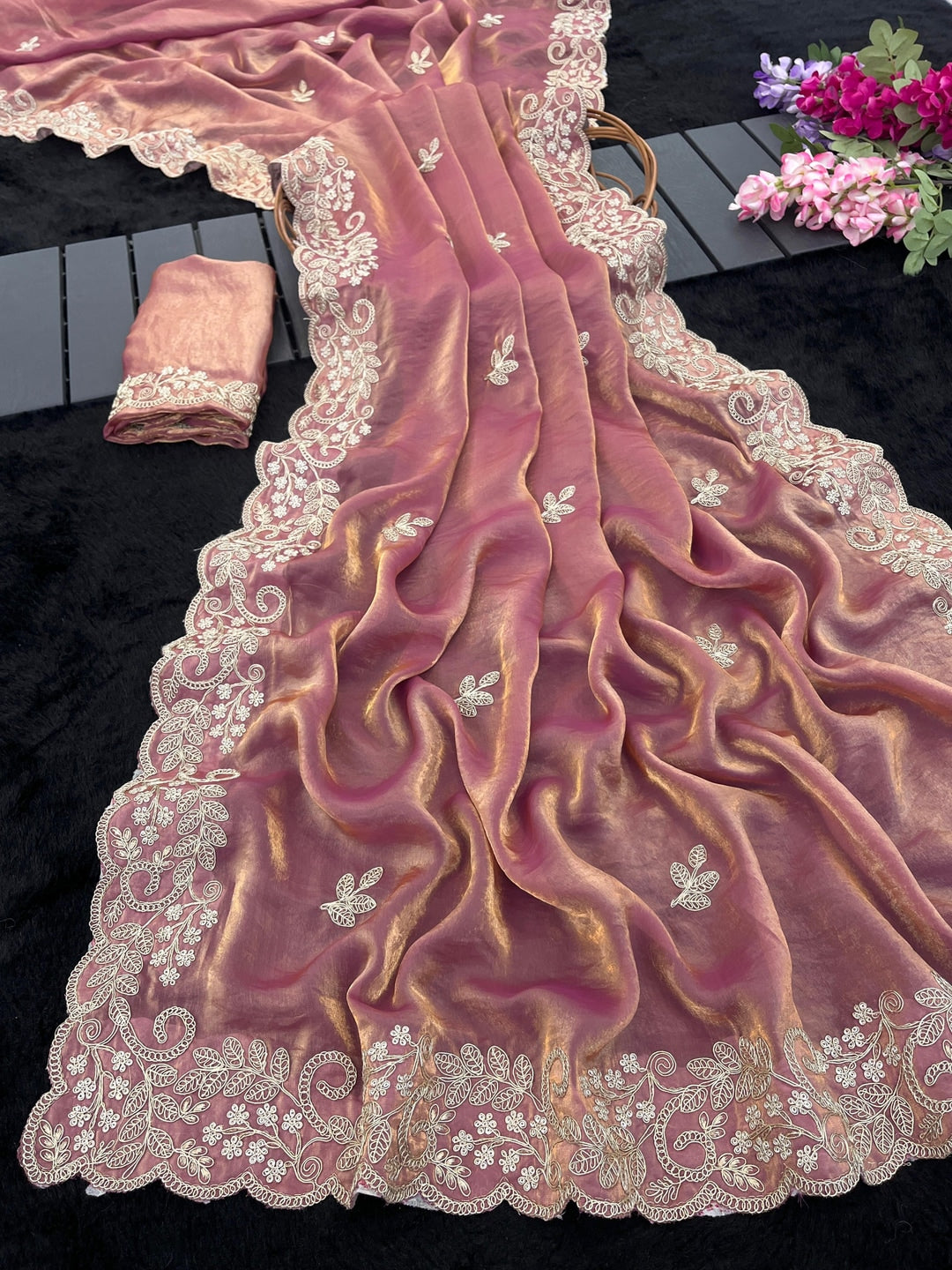 Peachmode Pink Fandy Satin Saree with Dori Embroidered Cutwork Border - Image 1