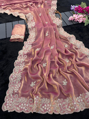 Peachmode Pink Fandy Satin Saree with Dori Embroidered Cutwork Border - Image 1