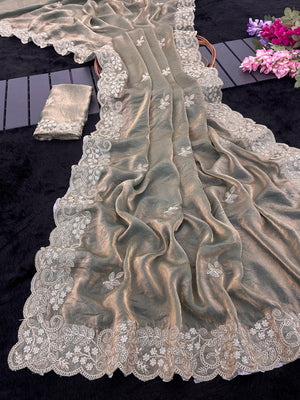 Peachmode Olive Fandy Satin Saree with Dori Embroidered Cutwork Border - Image 1