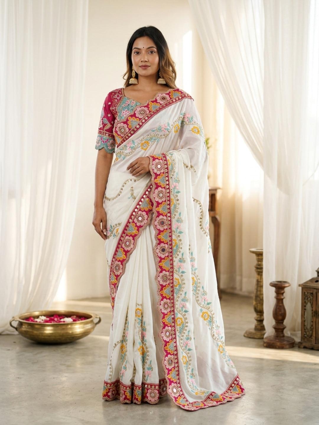 Peachmode White Rangoli Silk Saree with Mirror and Dori Embroidery - Image 1