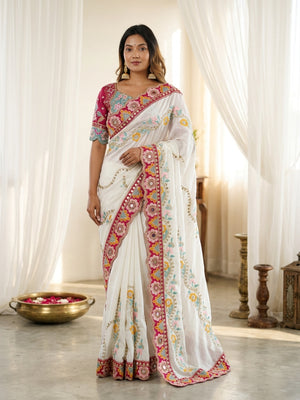 Peachmode White Rangoli Silk Saree with Mirror and Dori Embroidery - Image 1