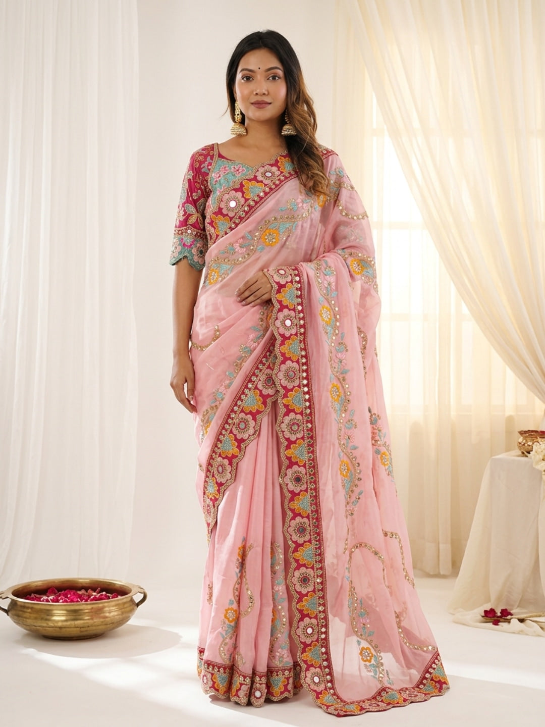 Peachmode Pink Rangoli Silk Saree with Mirror and Dori Embroidery - Image 1