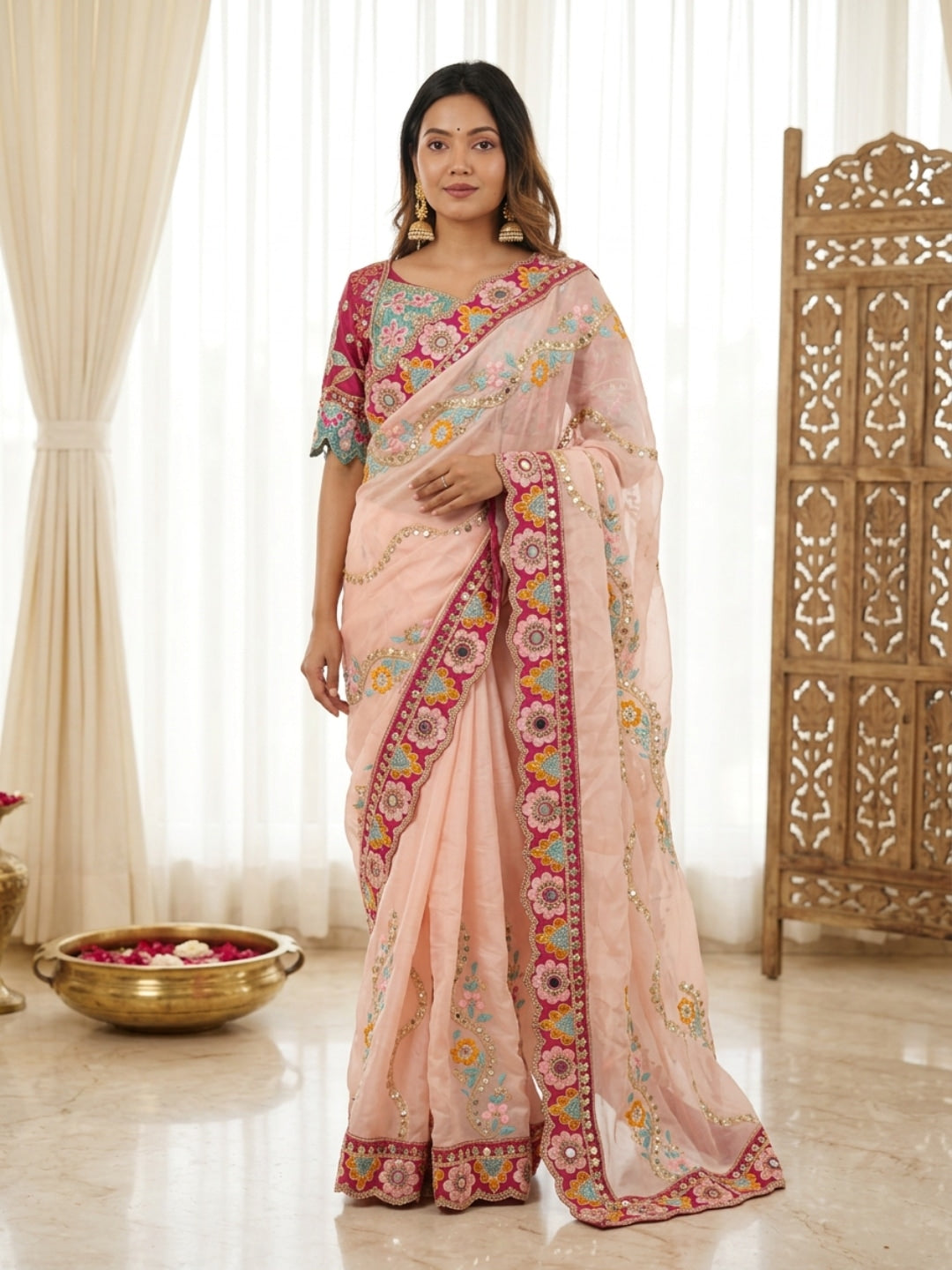 Peachmode Peach Rangoli Silk Saree with Mirror and Dori Embroidery - Image 1