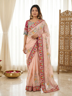 Peachmode Peach Rangoli Silk Saree with Mirror and Dori Embroidery - Image 1