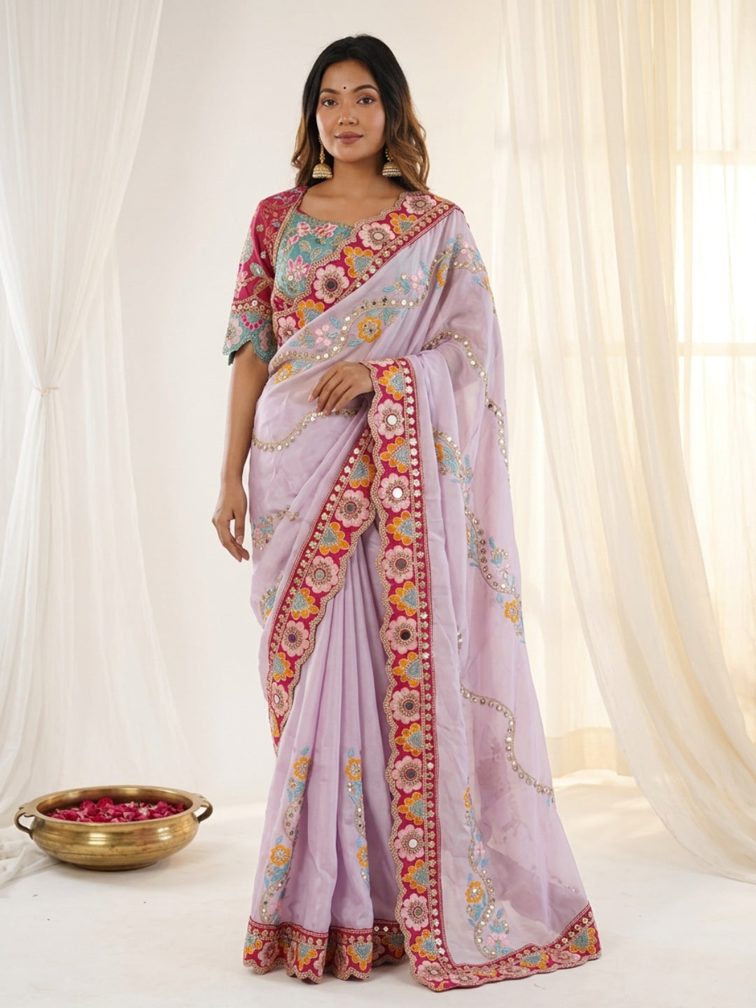 Peachmode Lavender Rangoli Silk Saree with Mirror and Dori Embroidery - Image 1