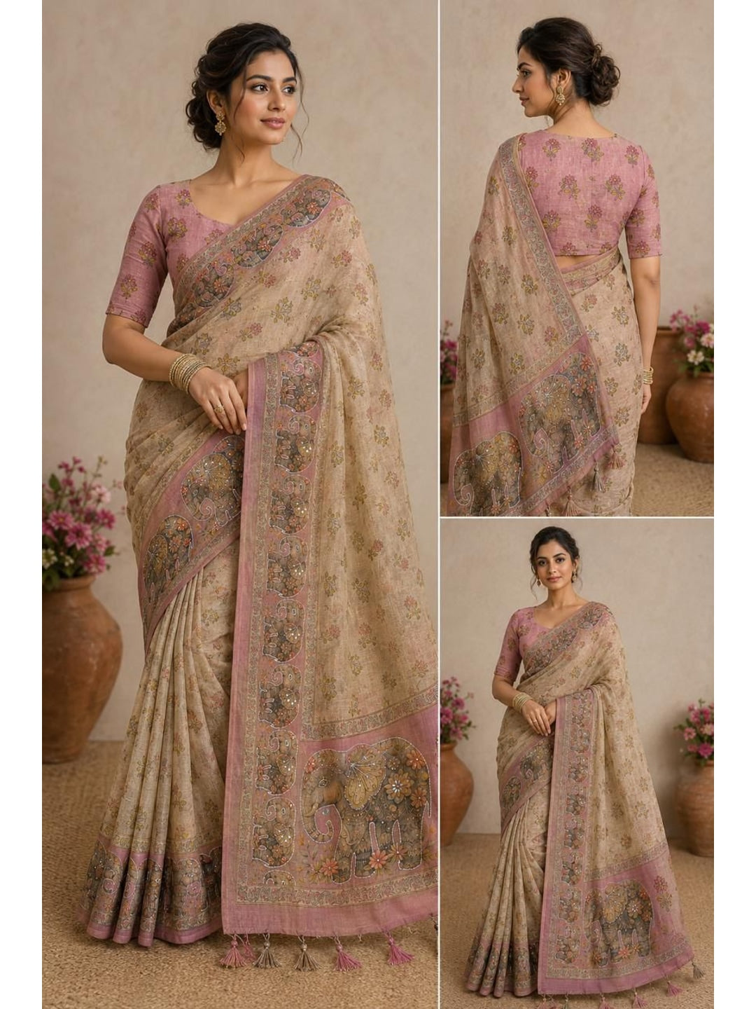 Peachmode Beige Linen Cotton Silk Saree with Digital Print and Khatli Work - Image 1